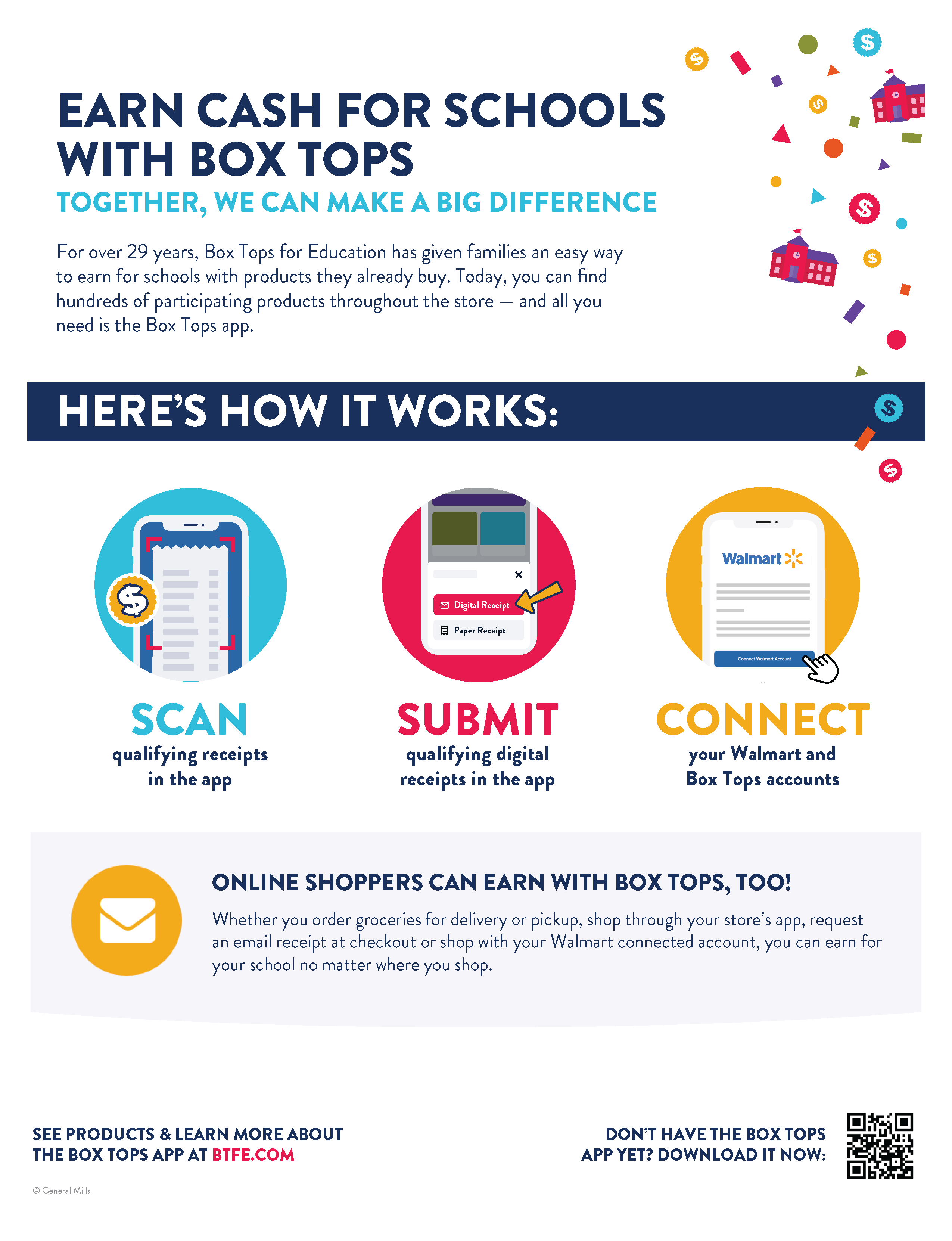 Official Box Tops for Education promotional flyer showing how to earn cash for schools through scanning receipts, submitting digital receipts, and connecting Walmart accounts